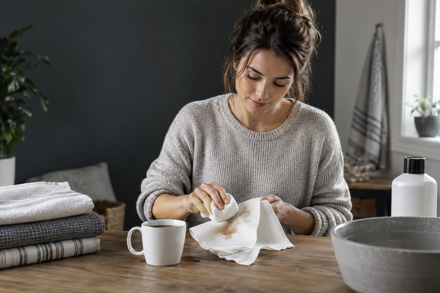 Treating fresh coffee and tea stains on washable fabrics AI-generated editorial illustration.