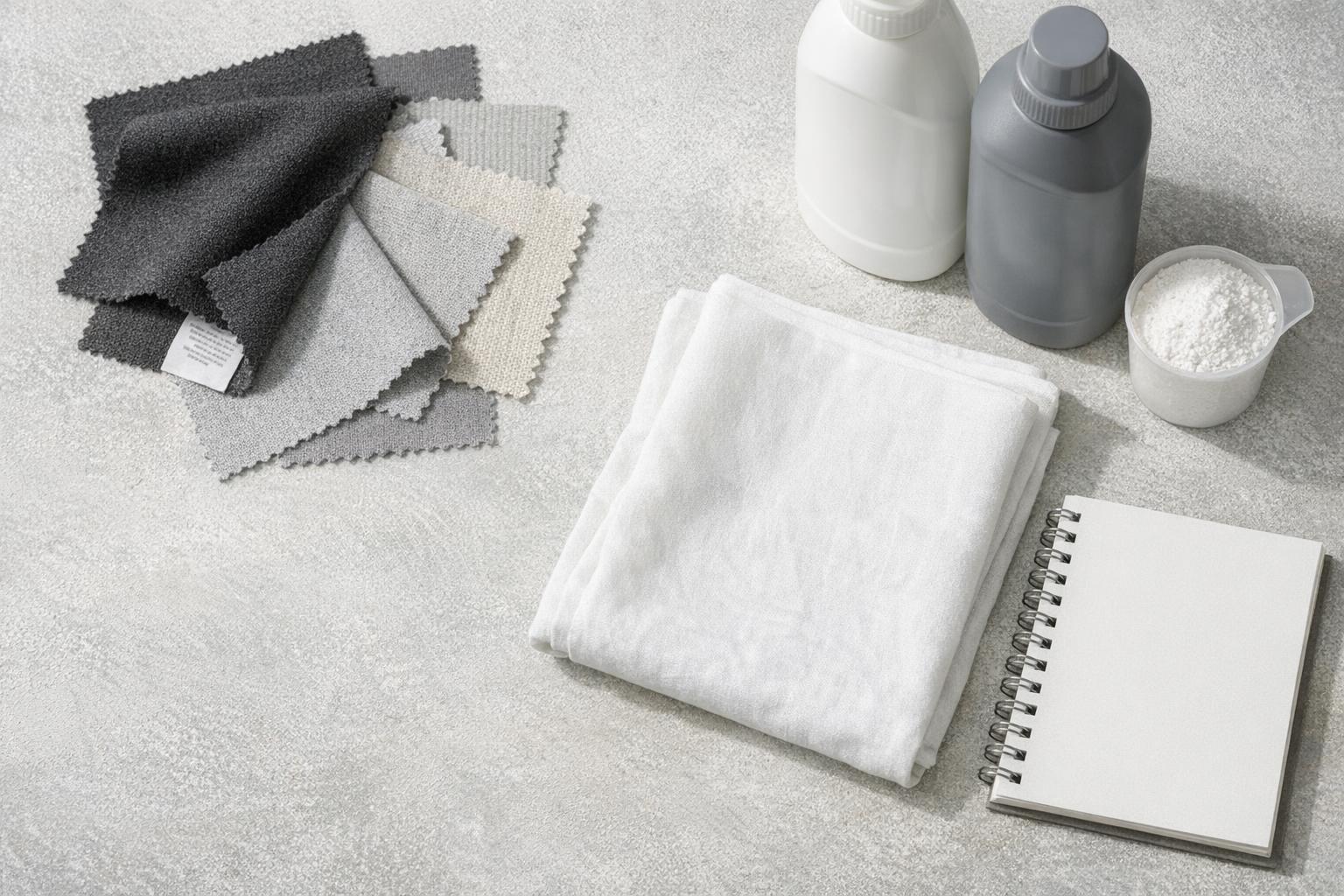 Fabric swatches, folded white cloth, bottles and an open notebook on a work surface. AI-generated editorial illustration.